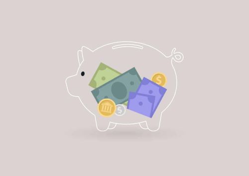 A glass piggy bank with paper money and coins inside, transparent banking service, financial industry